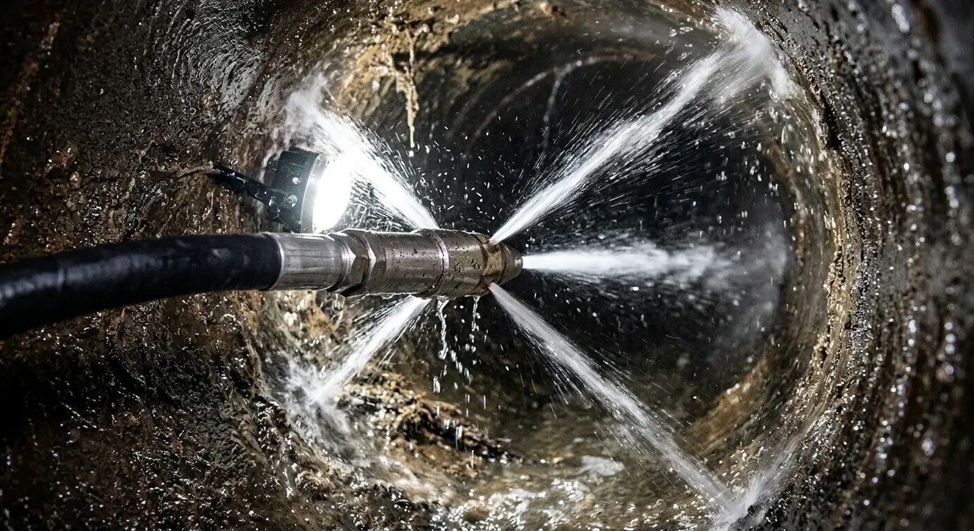 High-pressure hydro jetting nozzle cleaning sewer pipe for Sewer Cleanout in Fairview