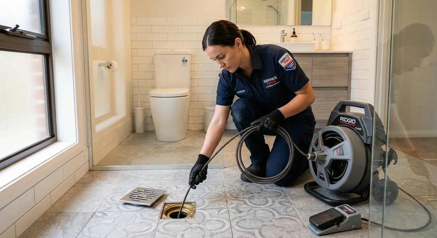 Technician clearing a bathroom floor drain for Drain Cleaning in Fairview